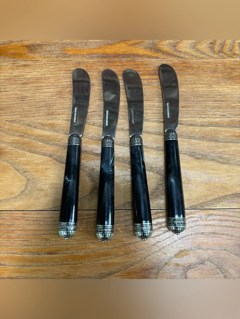 Stainless china marbled resin handles silver filigree end caps Cheese Spreaders
